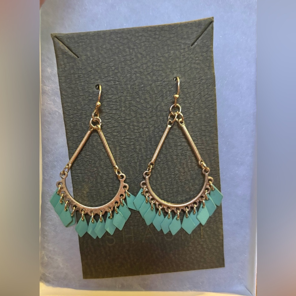 Shashi Dangle Drop Earrings Gold Tone Teardrop Teal Geometric Boho Chic Jewelry